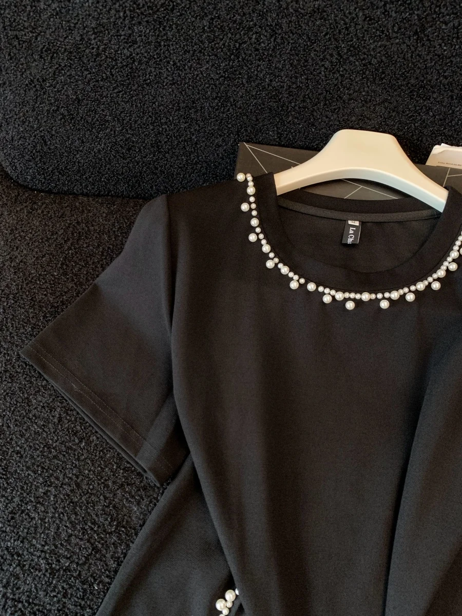 Korean Style Casual Pearl Trim Short Sleeve Top Women's 2026 Summer New Short Sleeve T-Shirt Y2K Heavy Craft Beaded Slit T-Shirt