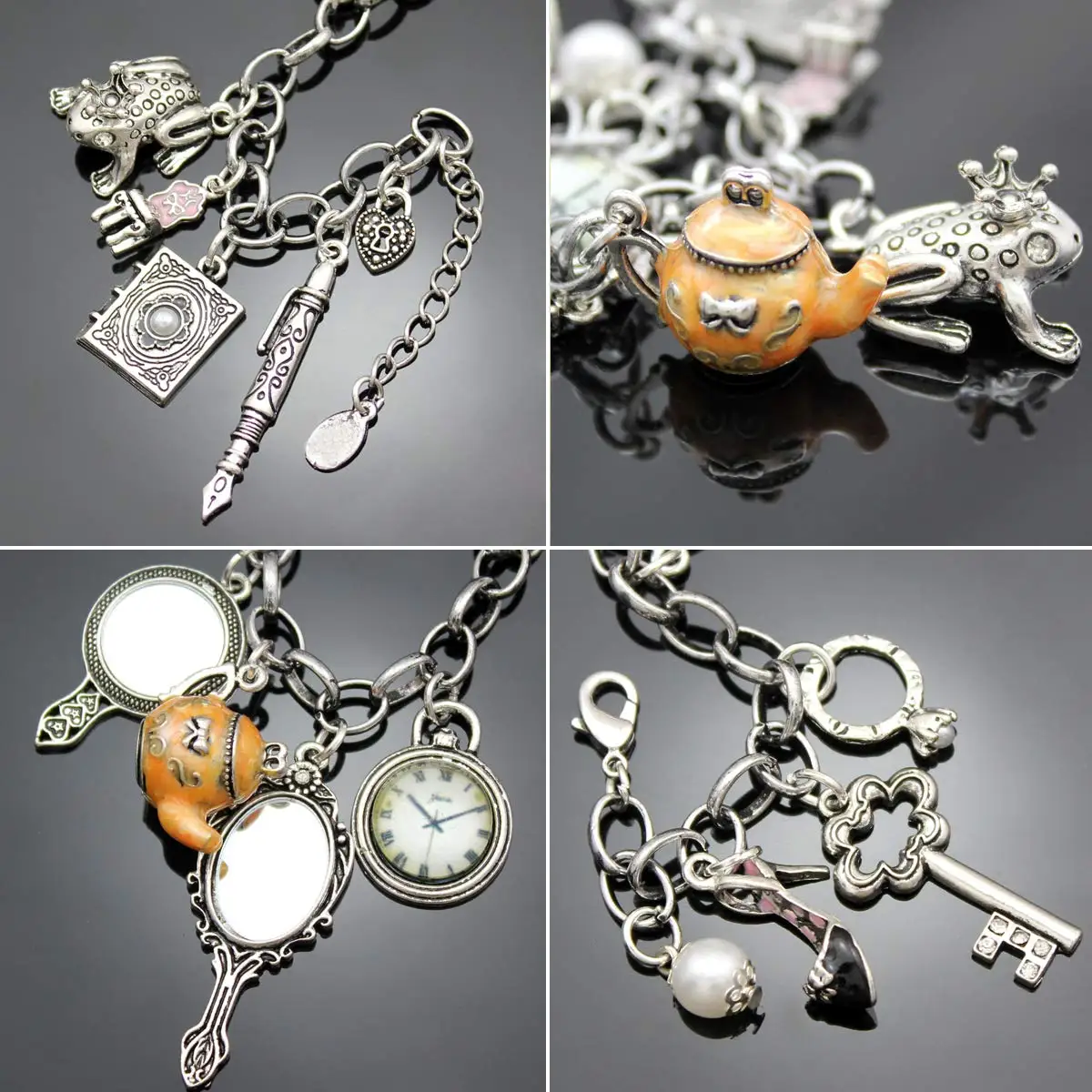Vintage Spiegel Frosch Uhr Stuhl Wasserkocher Stift Schlüssel Herz Anhänger Charms Armband für Frauen Retro Magischer Märchen-Armreif Schmuck – Detail 8