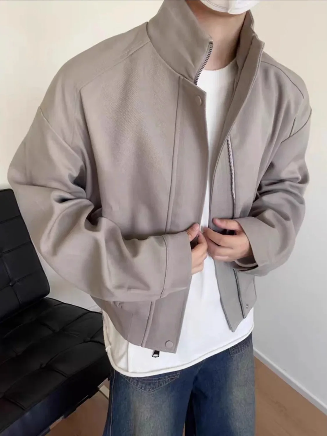 

American Simple Pure Color Stand Collar Flight Jaet Men Spring Autumn High Sensation Cleanfit ort Loose Outerwear Trendy