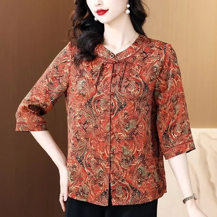 

Женская винтажная блузка с принтом пейсли, рукавом 3/4, воротником-стойкой и застежкой на пуговицах, повседневная рубашка