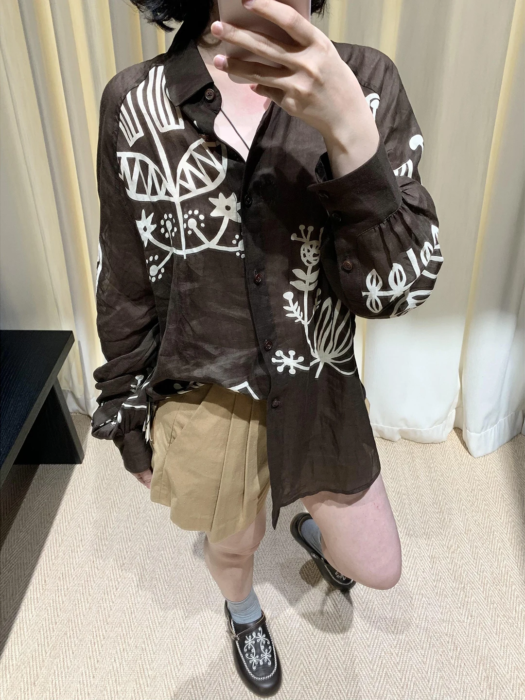 

Early Autumn Women's Long Sleeve Coffee Print Shirt Jacket Casual Style round Neck Button Closure Elegant Fashionable