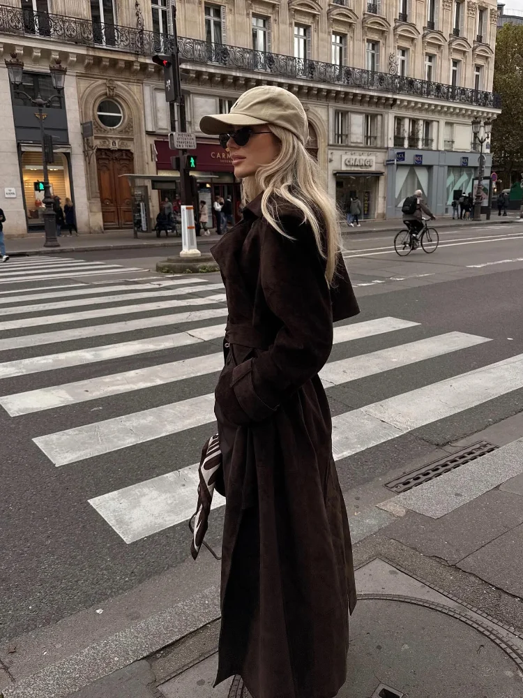 2024 Winter New Brown Suede Leather Long Coats With Belt Women Lapel Double Breasted Overcoat Female Retro High Street Outwear