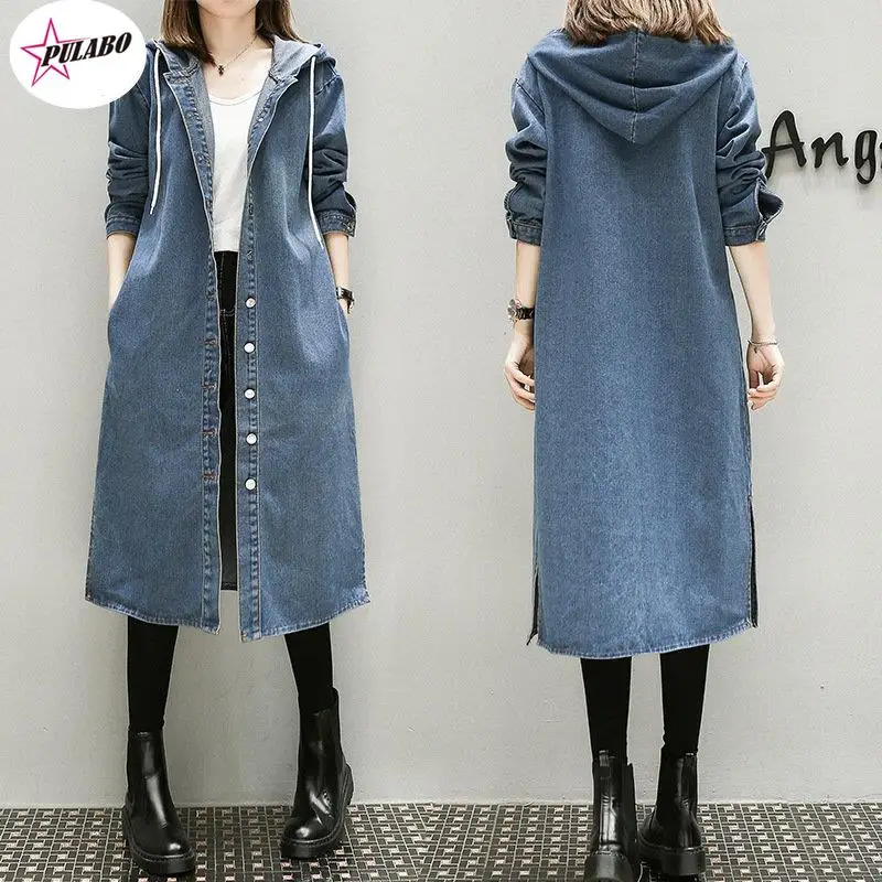 

PULABO y2k XL-5XL Plus Big Size Denim Coat Women Spring Autumn Winter Feminina Fashion y2k Thin Loose Long Jean Trench Female