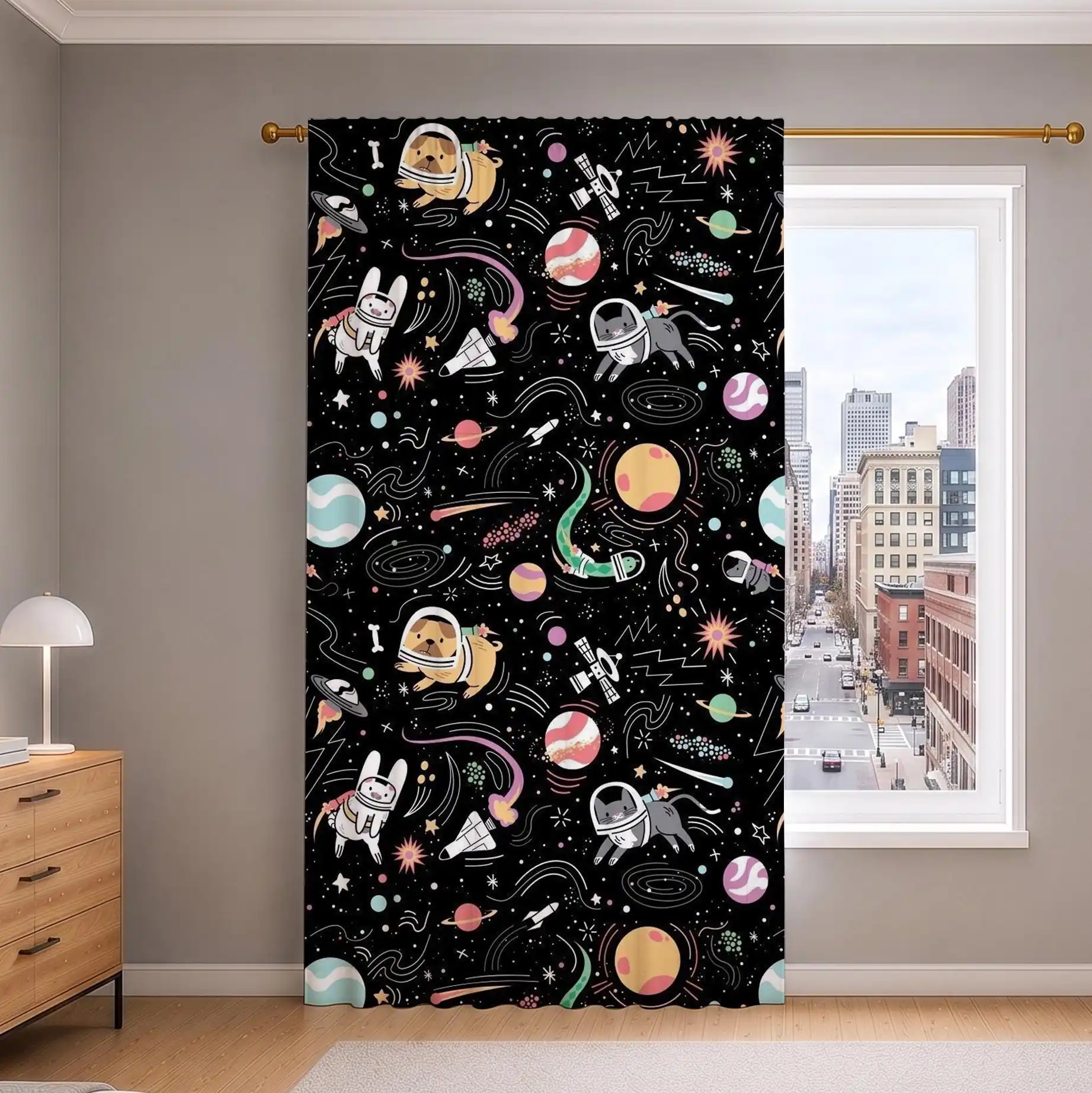Cute Astronaut and Cute Cartoon Animals Galaxy Pattern Curtains for Nursery Kids Room Decor Window Treatment