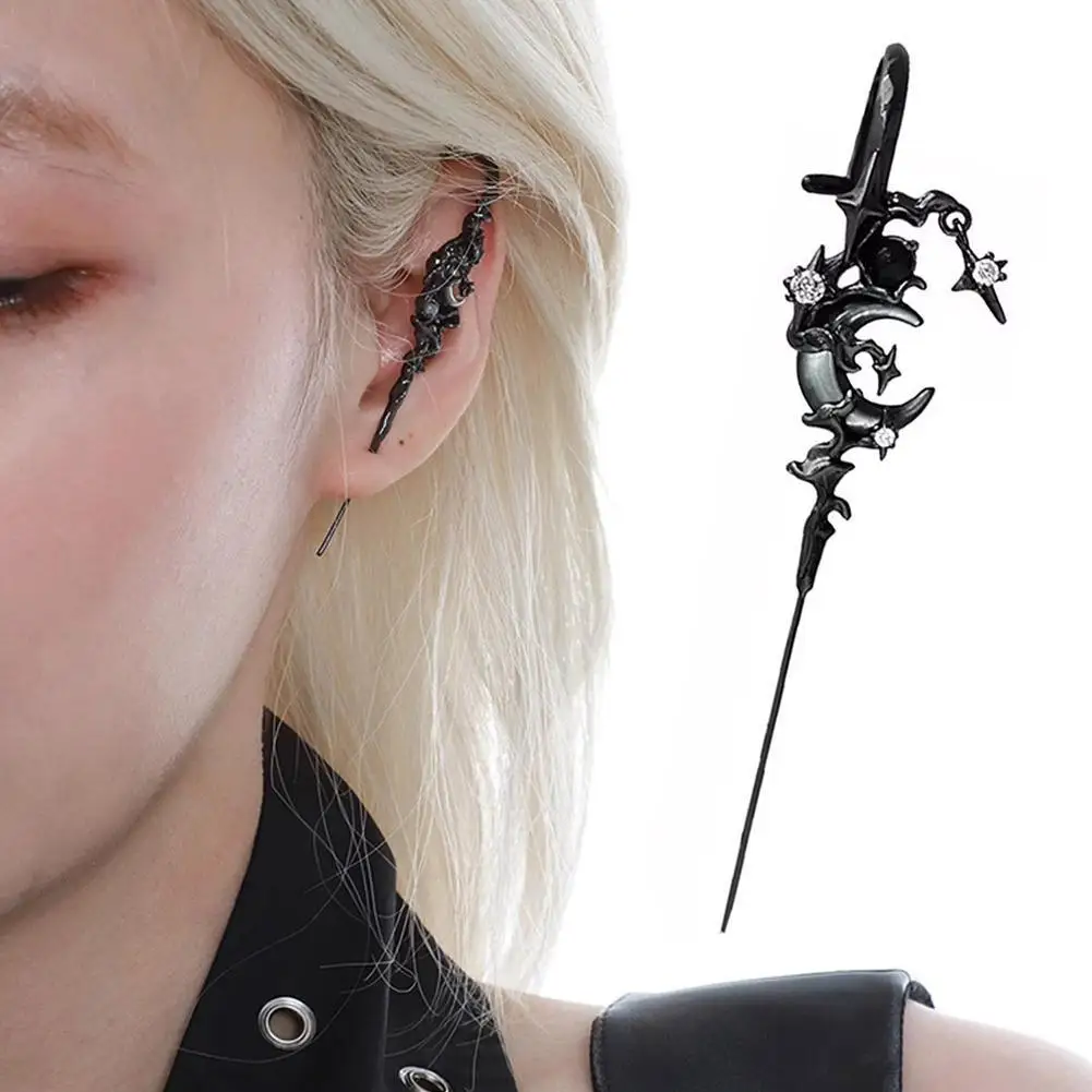 1pcs Stars Moon Ear Studs Diamond Setting Ear Crochet Perforation Earrings Punk Ear Hook Goth Sword Earrings Jewelry Accessorie