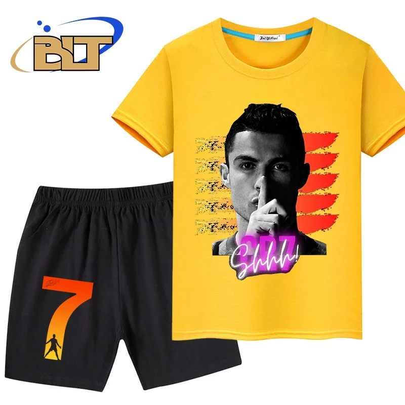 Ronaldo head print abbigliamento estivo per bambini t-shirt per bambini set pantaloncini a maniche corte in puro cotone set da 2 pezzi regali per