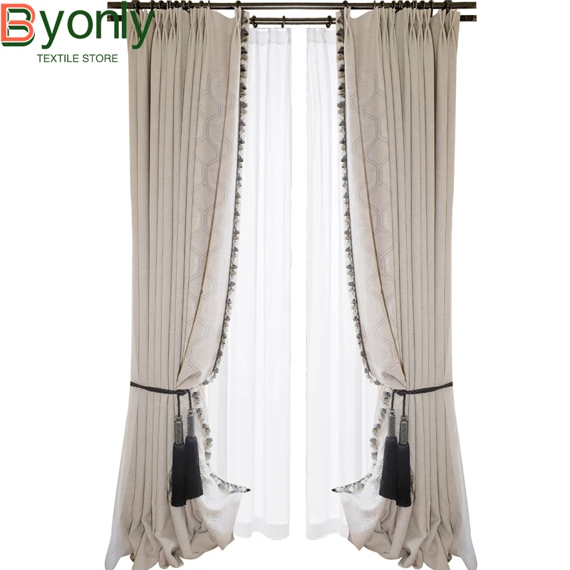 Chinese Style Milk Tea Color Beige Cotton and Linen Jacquard Splicing Curtains for Bedroom Living Room Villa Customized Products