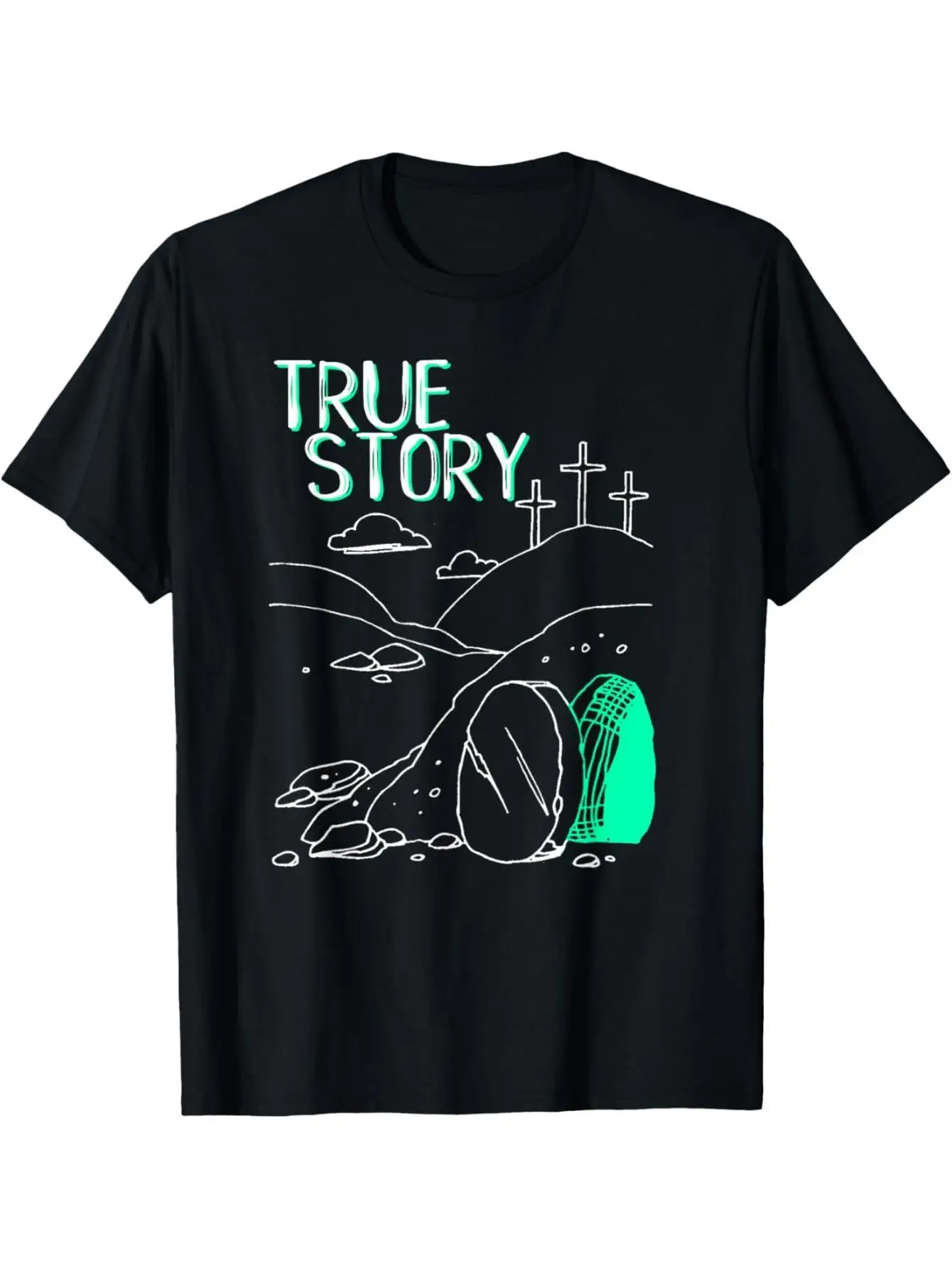 تي شيرت True Story لعيد الفصح Jesus Is Risen Church - أسود مع تصميم القبر البري الفارغ والصلبان، كاجوال بأكمام قصيرة ورقبة دائرية