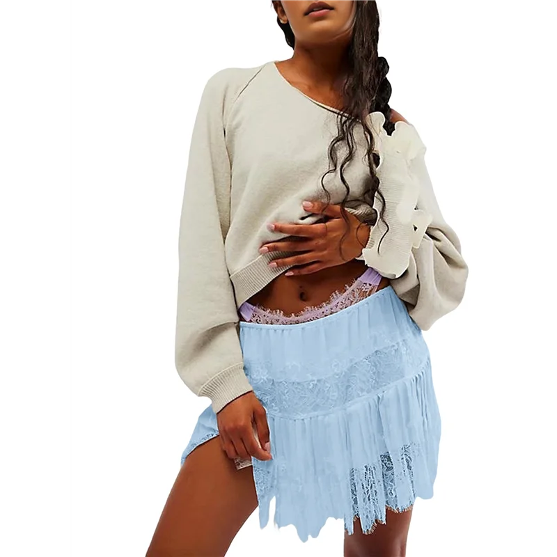 ABRT-Damen Y2k Half Slip Rock Low Rise Plissee Rüschen Lacetrim Rock Layered Flowy Short Röcke Unterrock