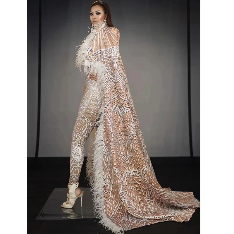 Feather Cloak Outfit Birthday Dancer Models Catwalk Costume Drag queen Singer Stage Wear 3D Printing Stretch Leotard Jumpsuit