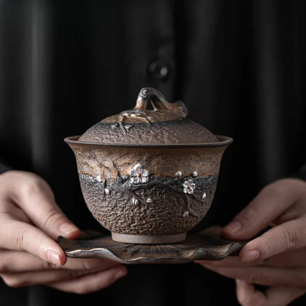 200ml Japanese Gilded Iron Glazed Gaiwan Handamde Plum Blossom Pottery Tea Tureen Tea Maker Cover Bowl Chinese Tea Set Craft