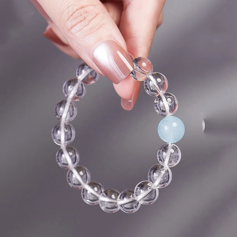 

Natural White And Blue Beads Clear Quartz Gemstone round Stretch Bracelet for Women And Men Handmade Jewelry Gift