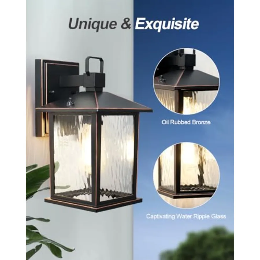 Oil Rubbed Bronze Outdoor Wall Light, 12'' Exterior Lighting Fixture with Water Ripple Glass, Hardwired Die-Casting Aluminum Po
