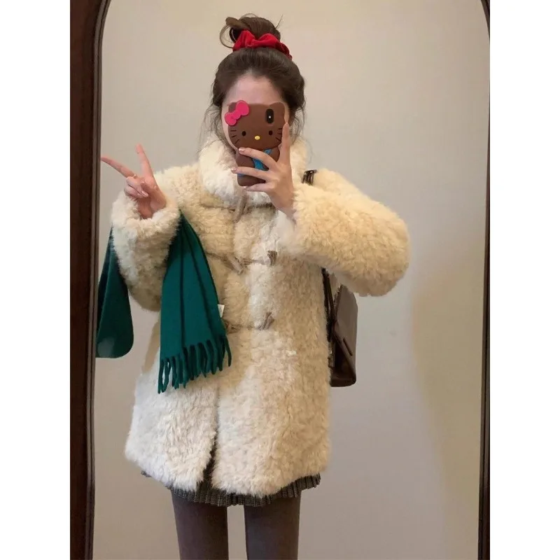 Women Mid Length Faux Lamb Fur Coat Winter Warm Furry Korean Style Loose Faux Fur Outerwear