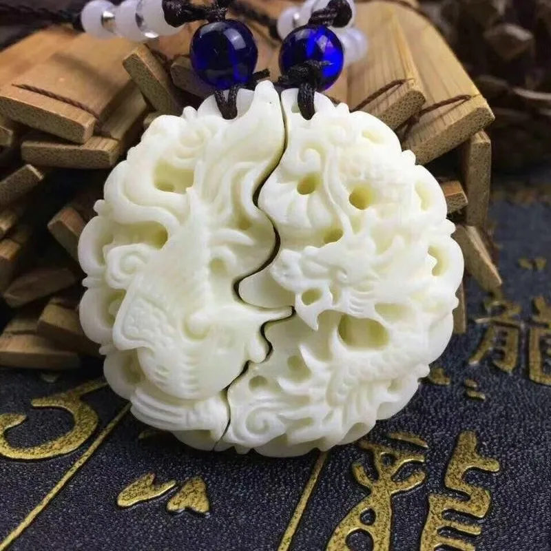 Ivory Nut Carved Dragon Phoenix Pendant Couple Matching Hanging Charm For Men Women Daily Wear Jewelry Accessory Holiday Gift