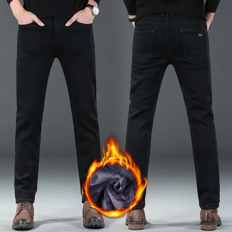 2025 Winter New Style Men's Black Straight Thick Jeans Fashionable Business Velvet Warm Denim Pants Fleece Hot Casual Pants