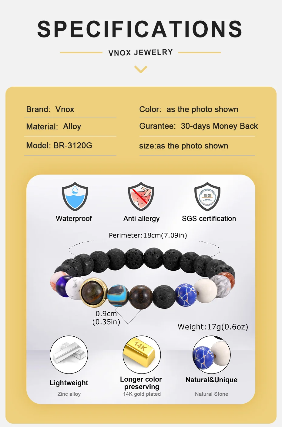 Vnox Naturstein-Perlenarmband für Männer und Frauen, elastisch, 18 cm Länge, 6–9 mm Breite, Perlen, Charm, Modeschmuck, Geschenk, Armband, neu – Detail 4