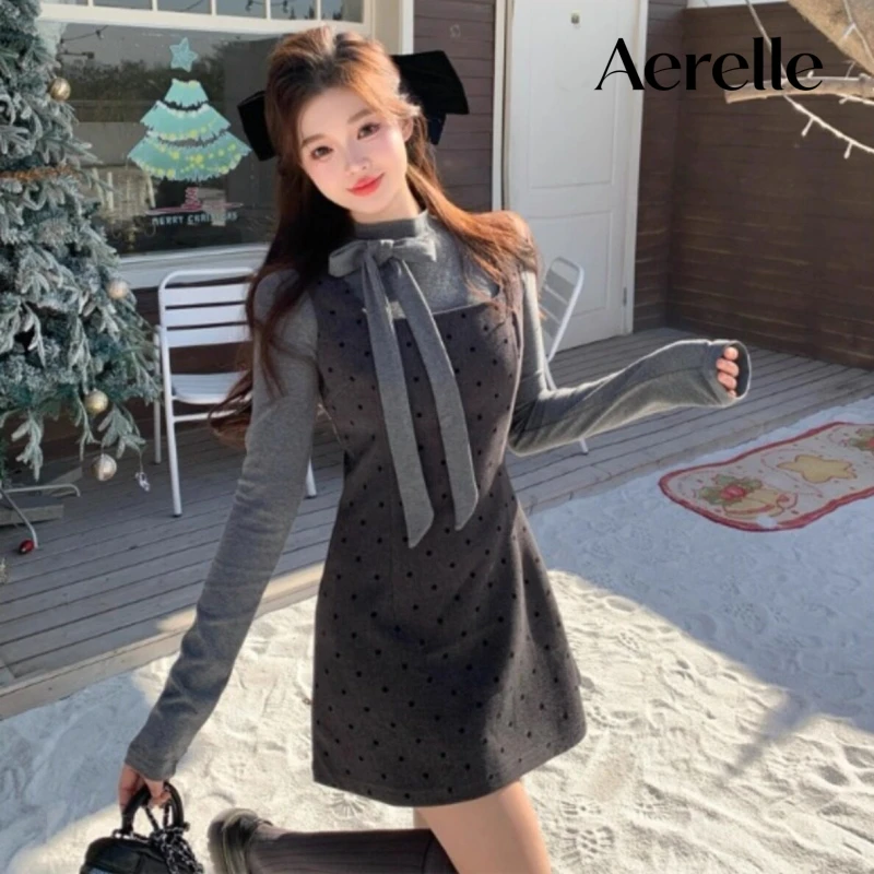 Korean Bow Long Sleeve Polka Dot Slip Dress 2 Piece Set Women Spring Autumn Waist Cinched Elegant A-Line Mini Dress Outfit