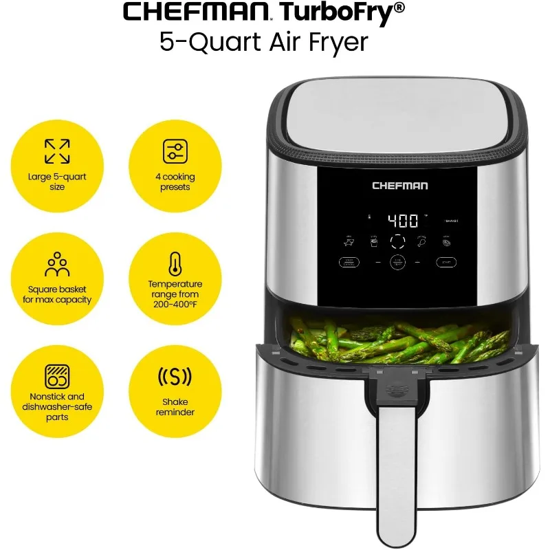 Chefman TurboFry Touch Air Fryer ขนาดใหญ่ 5 ควอร์ต ครอบครัว ตั้งค่าล่วงหน้าด้วยระบบควบคุมแบบดิจิตอลด้วยปุ่มเดียว เฟรนช์ฟรายส์ ไก่ เนื้อสัตว์ ปลา