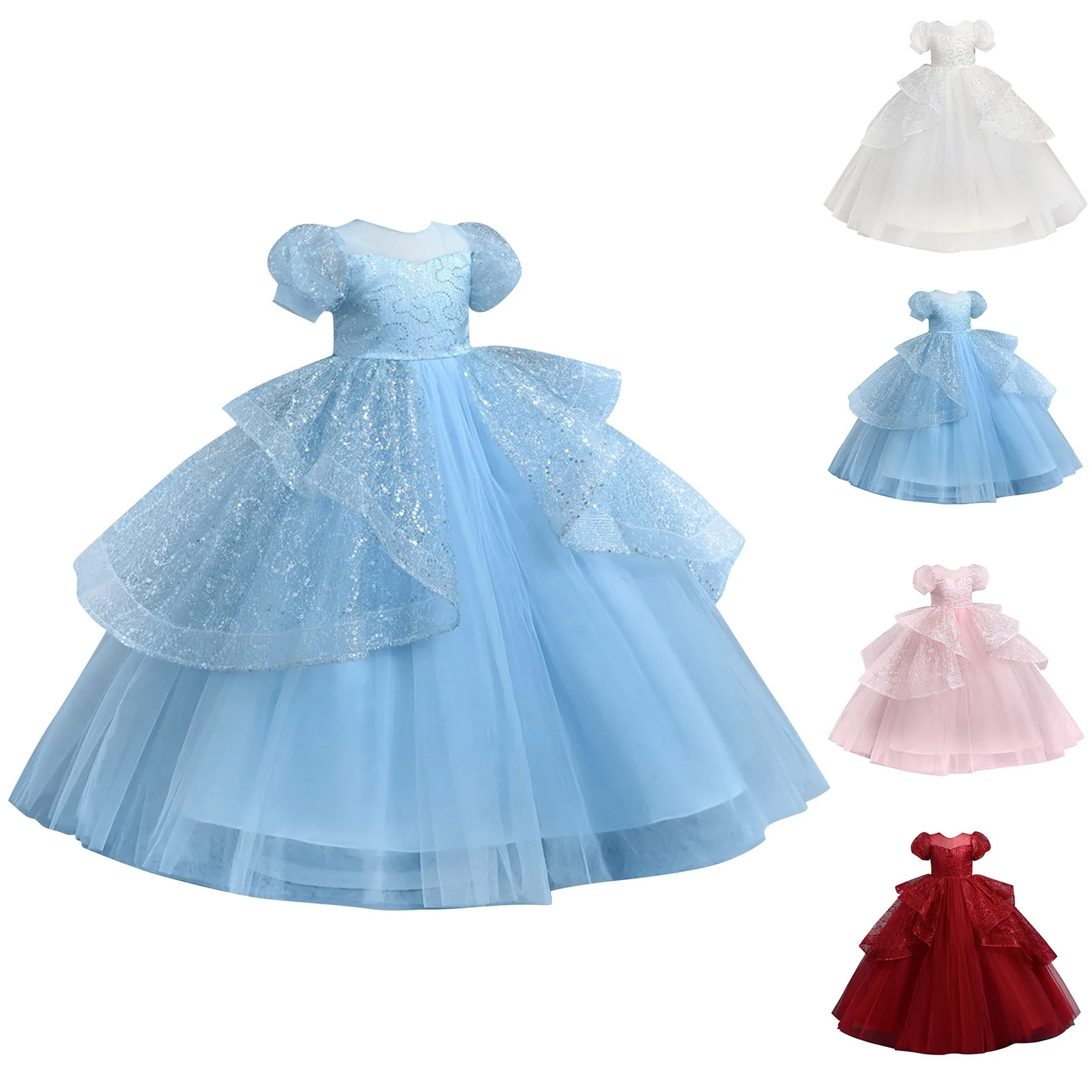 Vestido elegante abullonado para niños, vestidos largos, vestidos de princesa elegantes, faldas con lentejuelas, disfraces de actuación, vestido de fiesta de Halloween