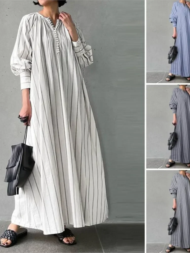 Abito pullover a maniche lunghe allentato semplice a maniche lunghe con scollo tondo a righe con bottoni alla moda in lino di cotone nuovo autunno da donna