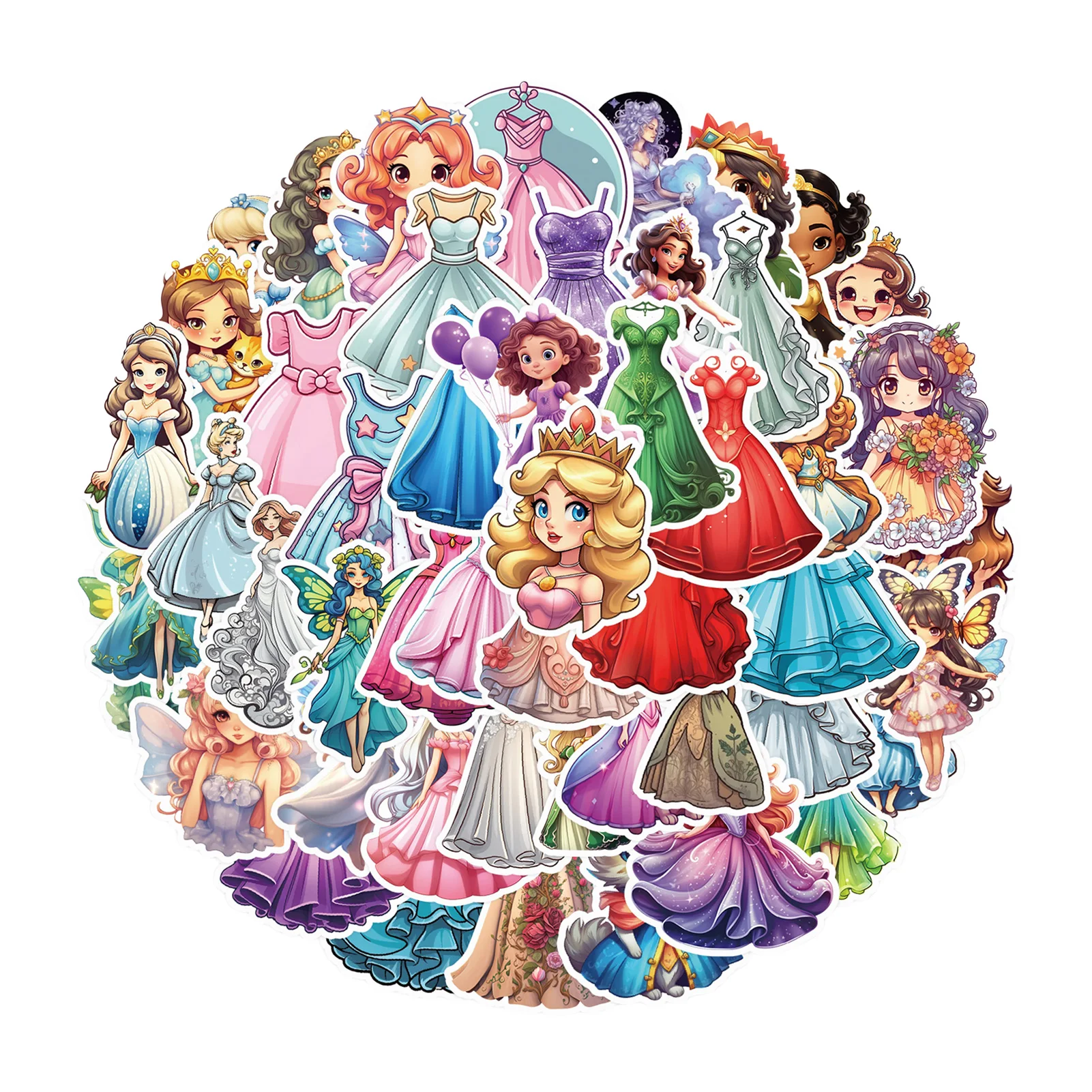 

Cartoon Princess-Dress Graffiti Stickers 50Pcs Waterproof PVC Self-Adhesive No Residue for Cup Laptop Decoration Kids Girls