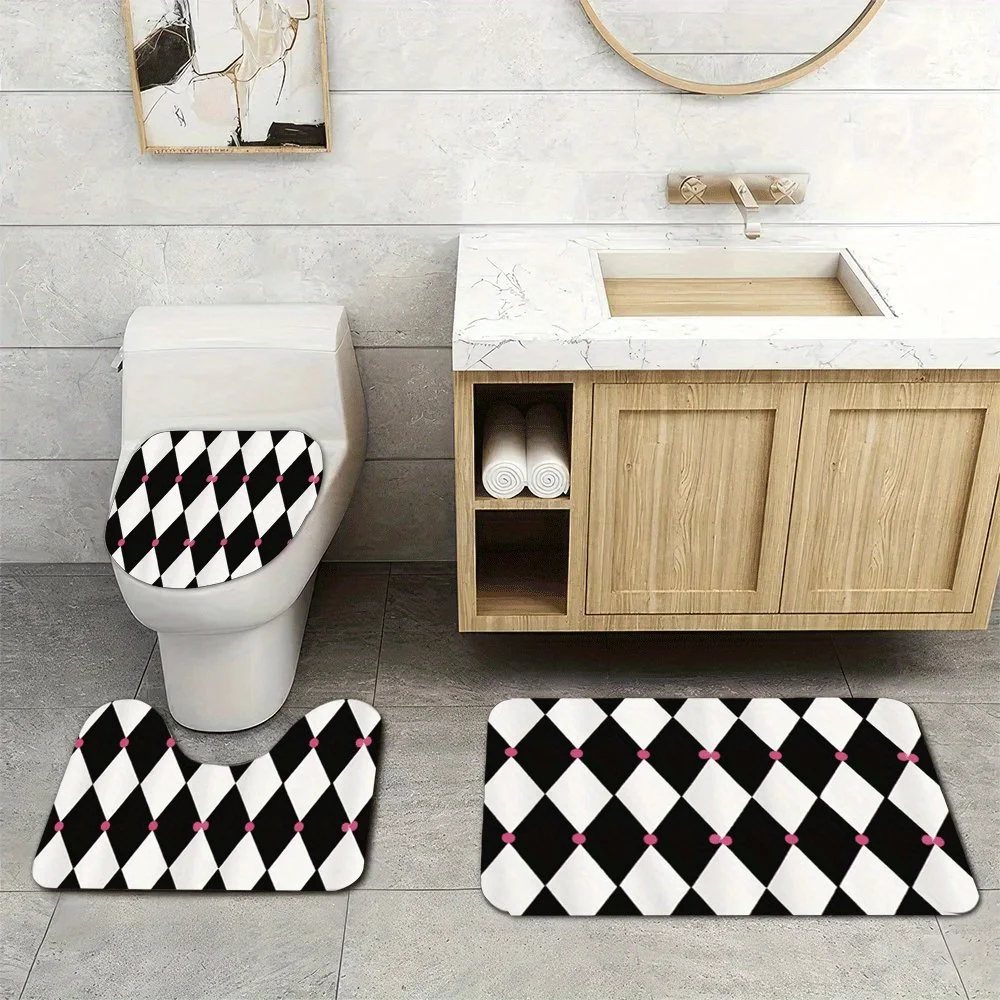 

3pcs Super Soft Bathroom Floor Mats Set, Absorbent, with Non-slip Backing, Chic Black White Diamond Pattern Smooth Print for