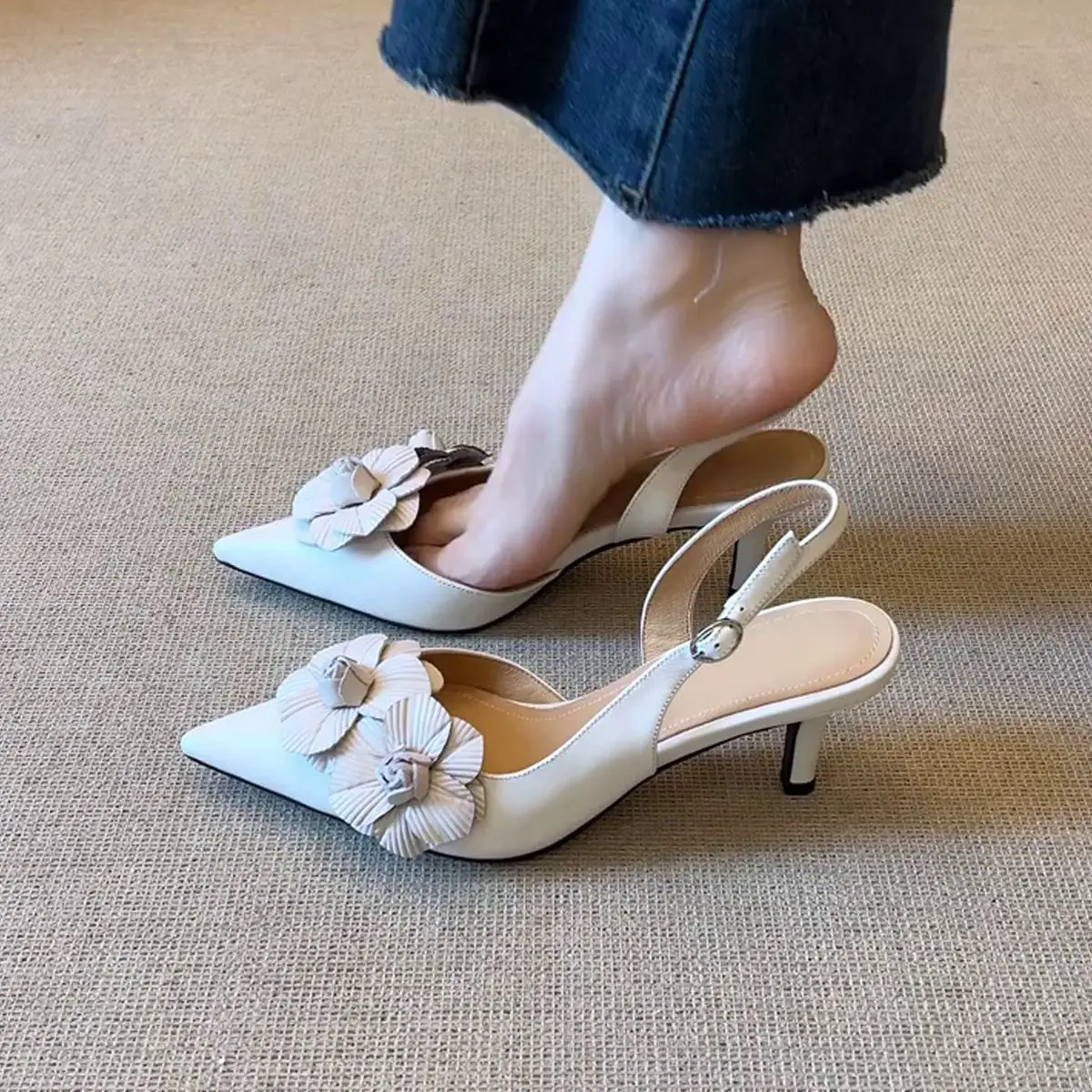 

Elegant French Floral Pointed Toe Stiletto Heel Backless T-Strap Peep Toe Sandals for Women in Soft Leather