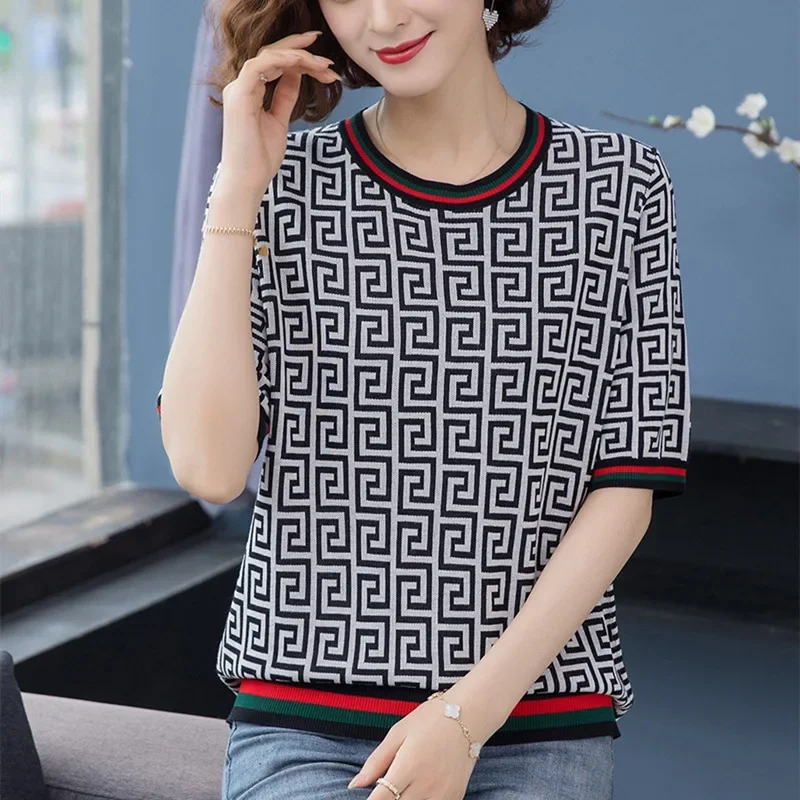 Women's Short Sleeve Ice Silk Top Crew Neck Design Slimming Effect Cold Clothing Eighty Six Thirty