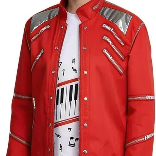 Nueva camiseta con motivos musicales de películas, estilo punk, color rojo, con diseño de thriller, pantalones negros y abrigo, ideal para disfraces de Halloween o fiestas de cumpleaños.