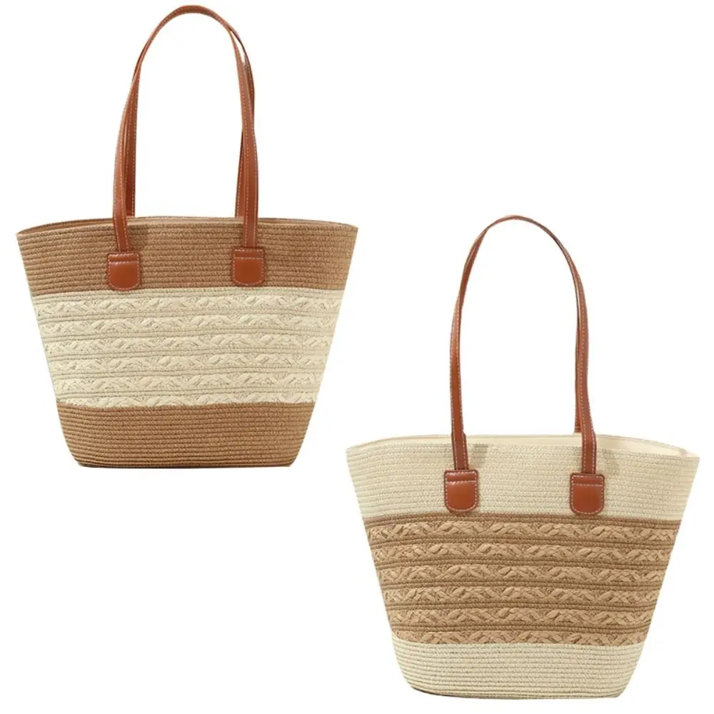 

Casual Straw Woven Totes Bag Square Large Capacity Woven Shoulder Bag Stripe Underarm Bag Vacation Beach Bag