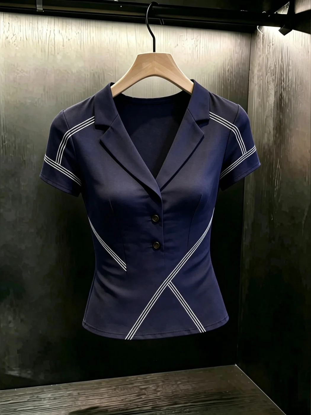 

Korean Style Casual Striped Short Sleeve V-Neck Shirt Women's Summer New Fashion Slimming Top Commute Wind High Waist Design