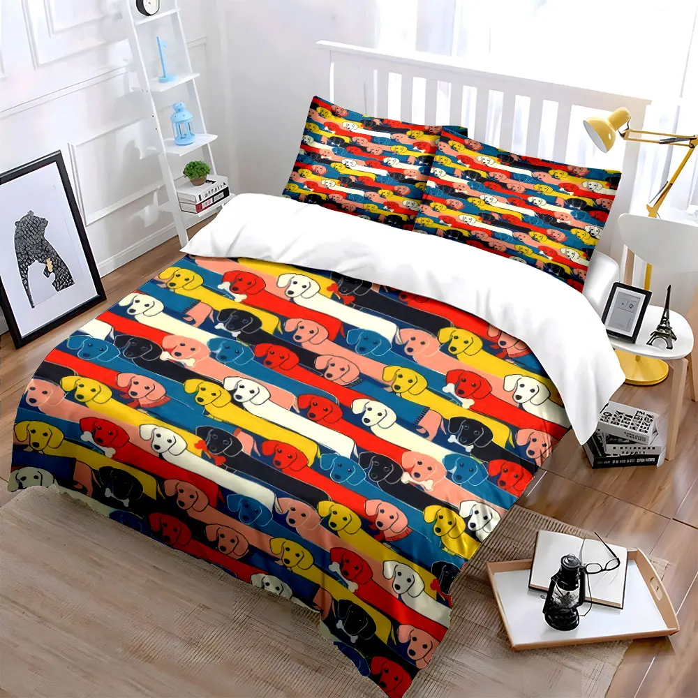 Colorful Dachshund Stack Seamless Duvet Cover Set,Primary Color Puppy Kids Bedding Includes 1 Duvet Cover And 2 Pillowcase,Gift