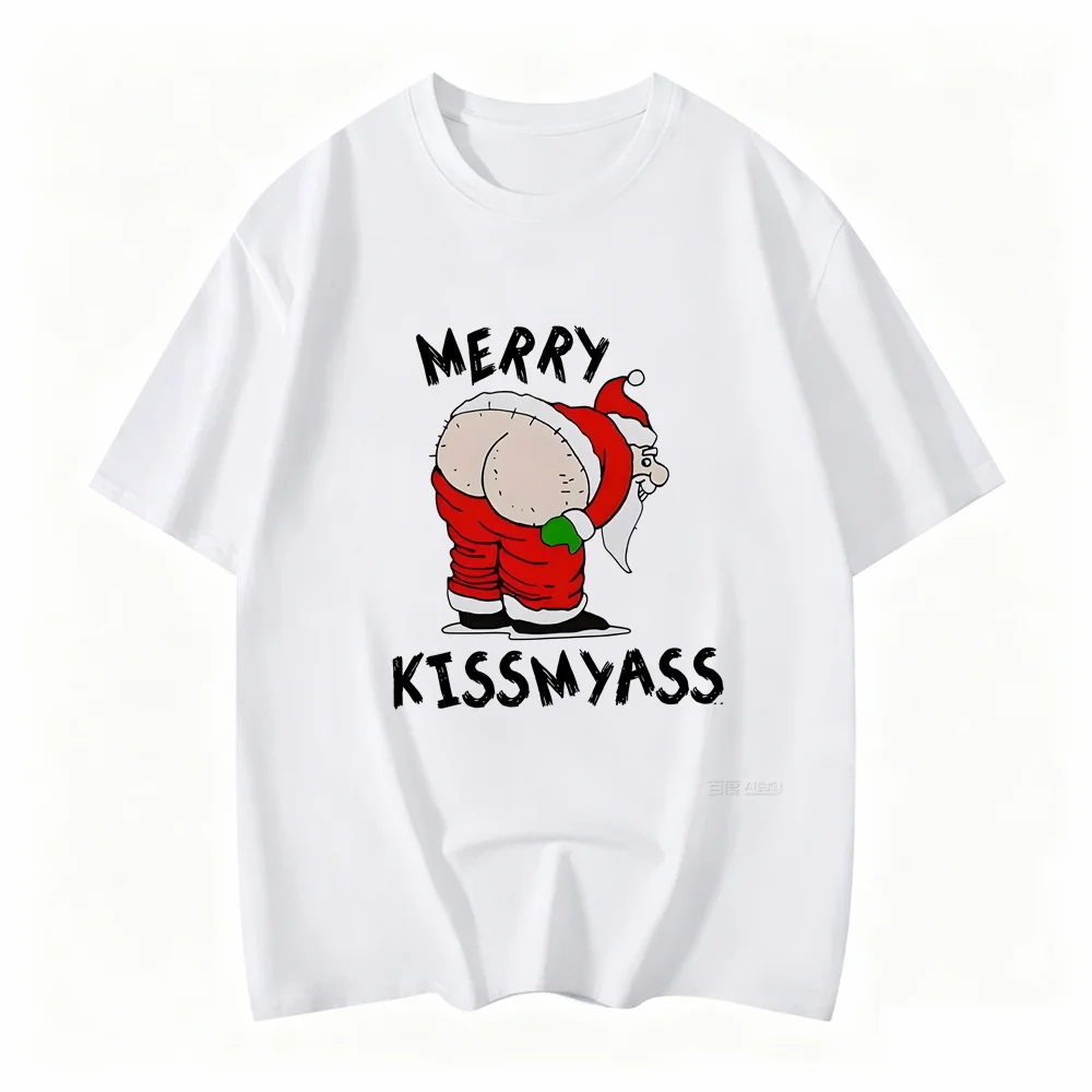 Women Merry Christmas Kiss My Ass Funny Santa Claus Print Soft Comfortable Street Short Sleeve Round Neck Causal Clothing