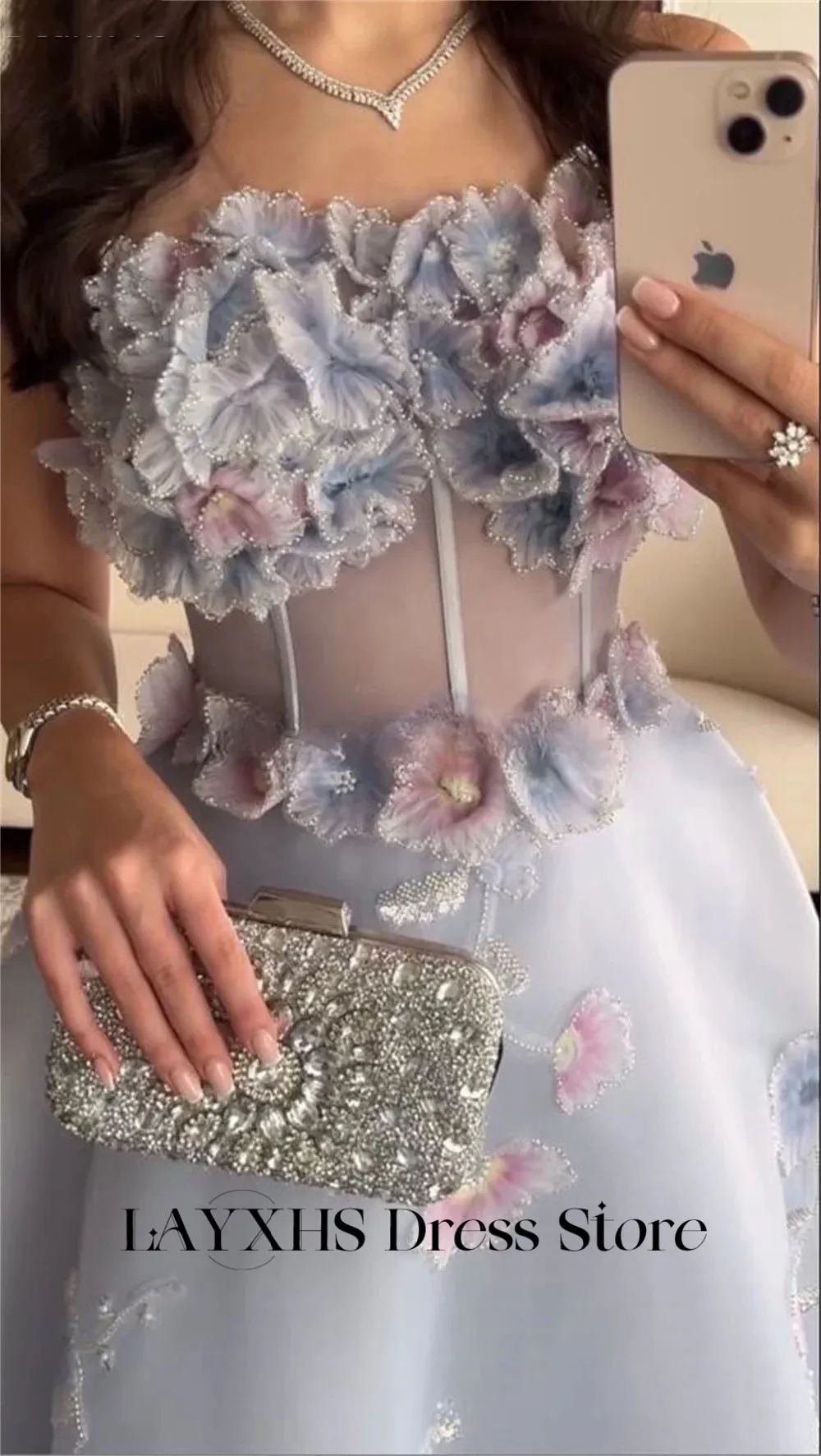 LAYXHS Exquisite trägerlose Abendkleider, A-Linie, 3D-Blumen-Tüll, durchsichtig, mit Schnürung, Damen-Abschlussballkleider, individuell gestaltet