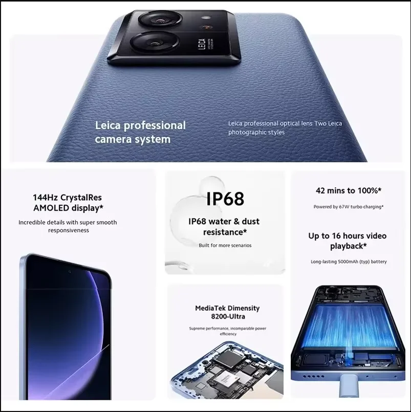 Xiaomi 13T global version 8GB 256GB 50 MP MTK Dimension 8200-Ultra charging 67 W IP68 AMOLED 144 Hz screen