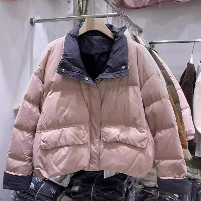 Koreanische kurze Baumwoll jacke für Frauen neuer Stehkragen lose warme gepolsterte Kleidung Winter Patchwork verdickter Mantel