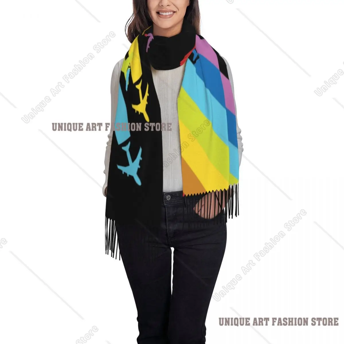 مخصص مطبوعة قوس قزح الطائرات Chemtrails وشاح النساء الرجال الشتاء الخريف الأوشحة الدافئة الطيران المقاتلة الطيار شال التفاف