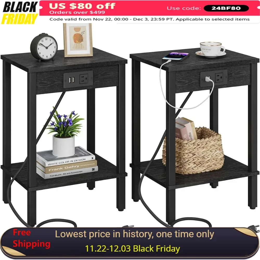 

2 Piece Side Table Set with Charging Station, with USB Port, 2 Tier Storage Shelf Nightstand, Living Room Side Tables Set of 2
