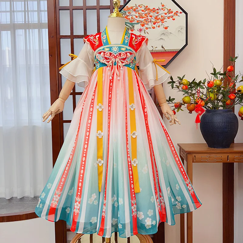 Hanfu bordado tradicional chino para niños, traje de hada para niñas dulces, vestido de la dinastía Han, traje de baile, bata de Cosplay, ropa de verano