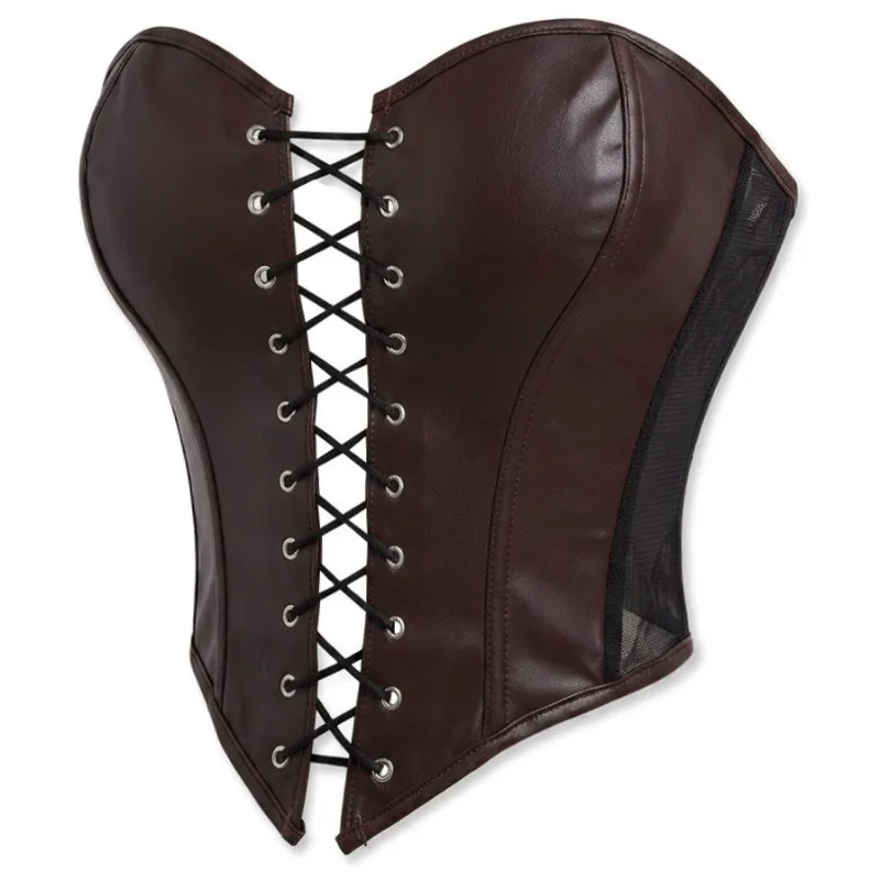 Women Wine Red PU Leather Overbust Corset Steampunk Bustier Lace Up Front Boned Waist Trainer Party Cosplay