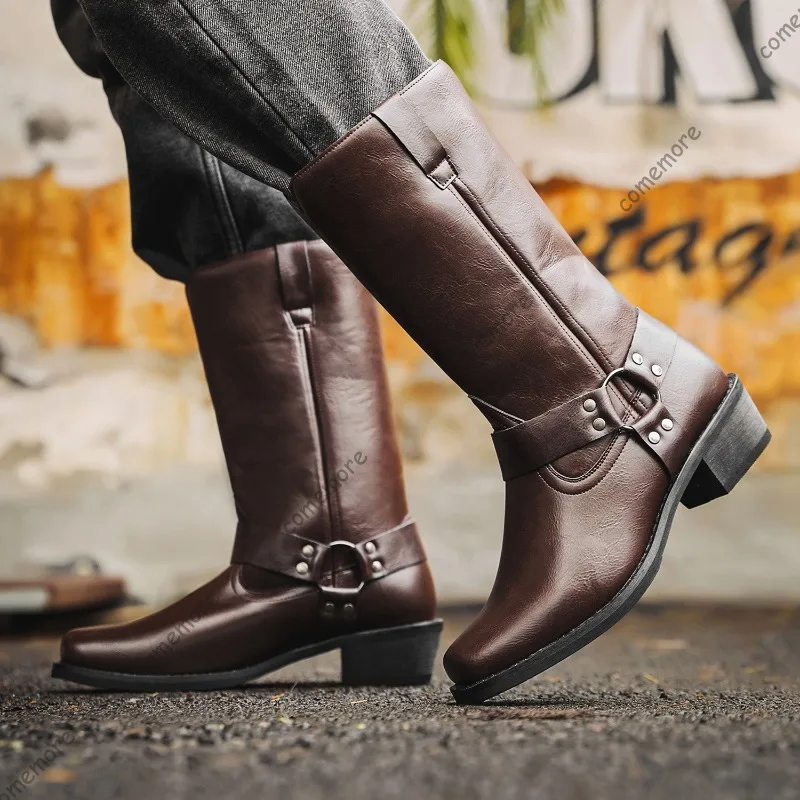 Men Vintage Western Cowboy Mid-Calf Boots Man Leather Rivet Riding Boots Square Toe Low Block Heel Pull on Male Shoes Size39-48
