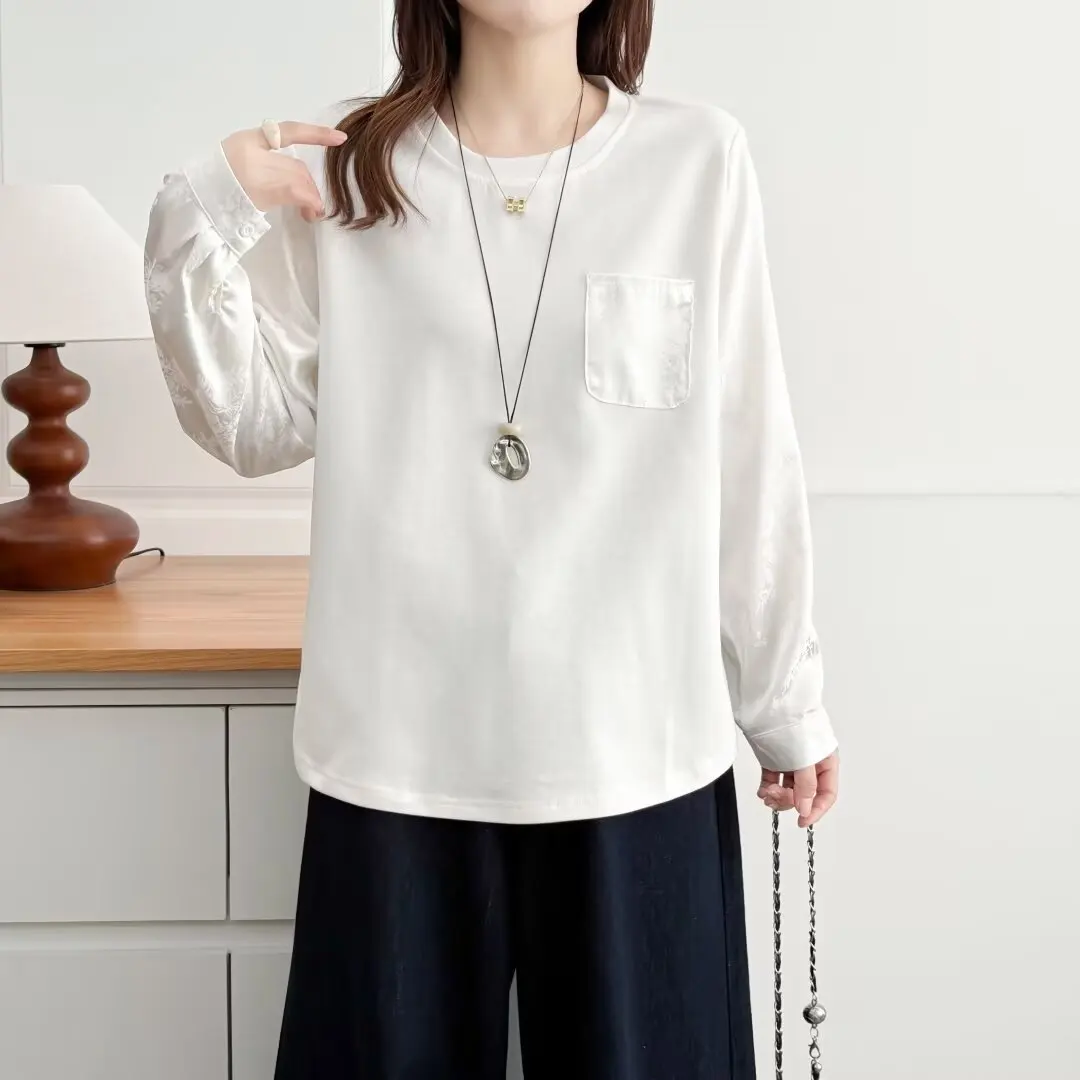 XXXXL 패션 플러스 사이즈 여성 티셔츠 2025 가을 신상 중국풍 새틴 패치워크 긴팔 상의 2566