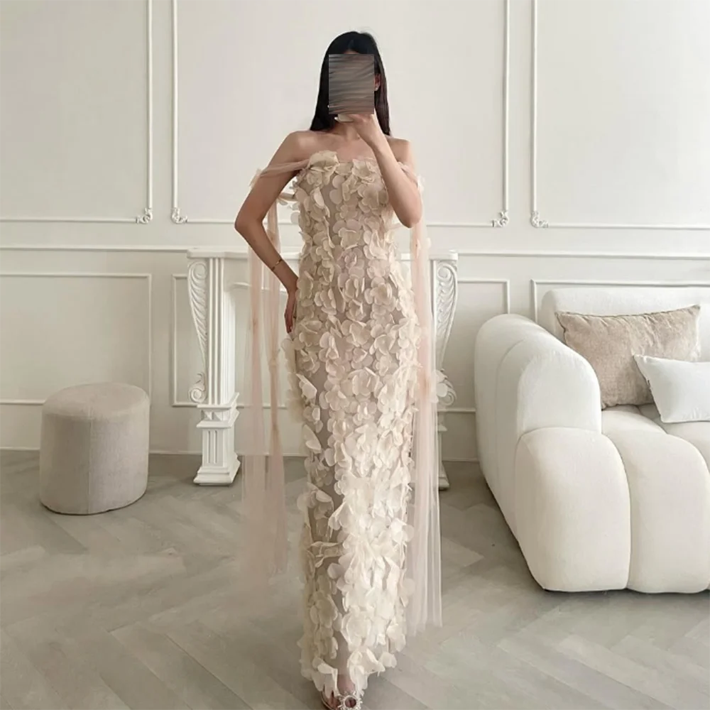 

Customized Strapless Evening Dresses Backless Flowers Appliques mermaid Prom Gown Ankle-Length Sleeveless Long Party Dress