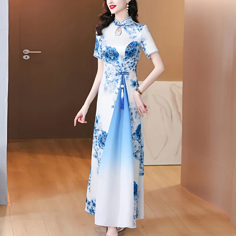 

Женское традиционное платье Aodai с коротким рукавом и цветочным принтом, вечерняя вечеринка, Вьетнамское платье Cheongsam, сценическая танцевальная одежда