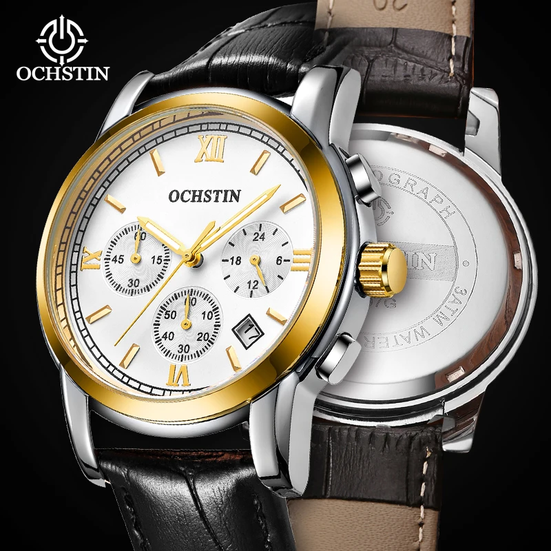 

OCHSTIN Casual Men Watch Luxury Leather Waterproof Sport Quartz Wristwatch Chronograph Military Watch for Men Relogio Masculino