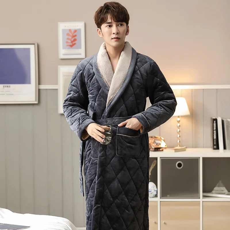 빅 사이즈 M-2XL 겨울 남성 목욕 가운 3 레이어 클립 코튼 목욕 가운 남성 두꺼운 드레싱 가운 Pijamas Hombre