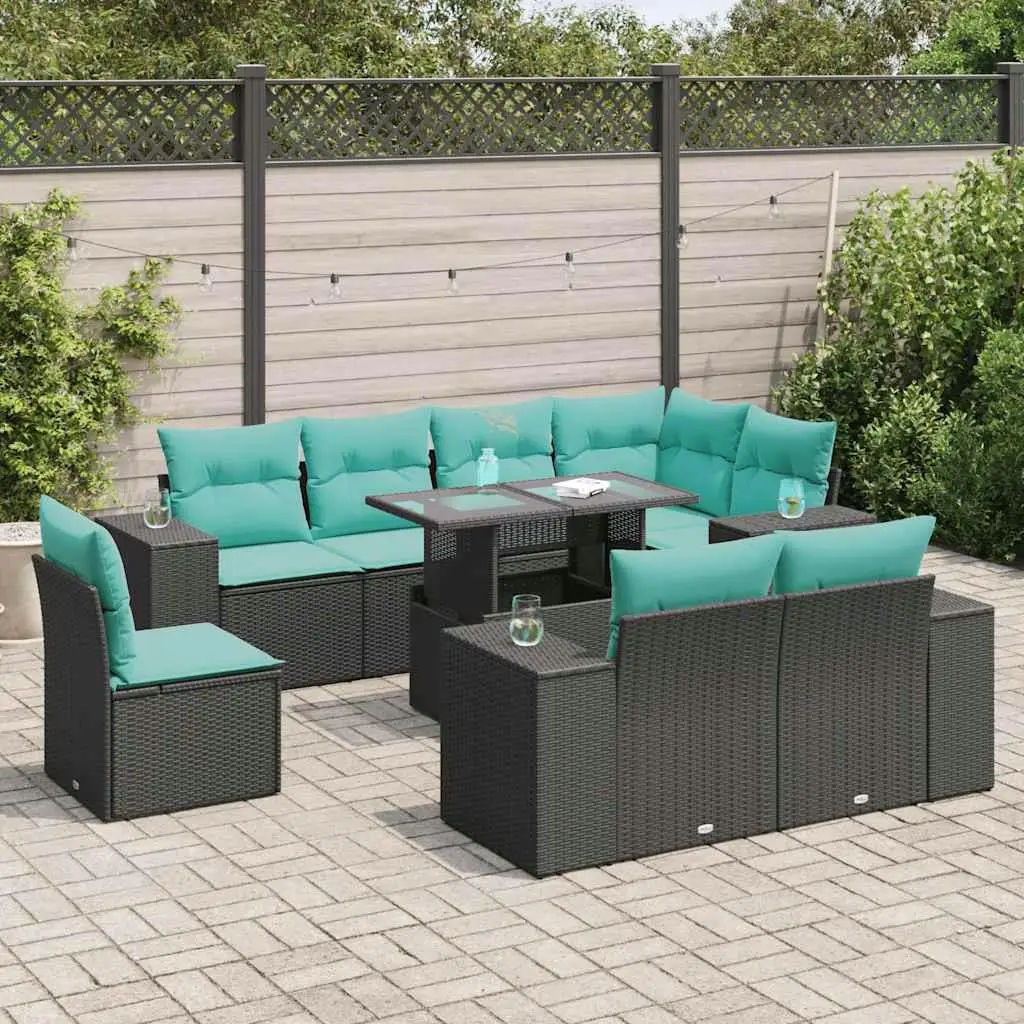 

16 Piece Outdoor Patio Furniture Set with Cushions Black Rattan Acacia Wood Sofa