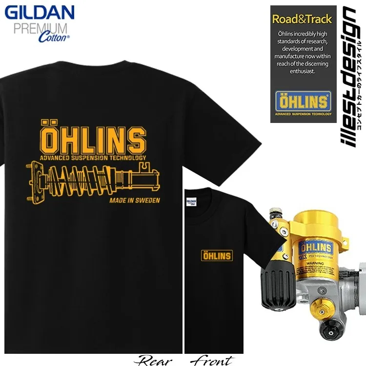 A Stylish and Fun OHLINS Motorcycle Shock Absorber Pattern 2026 Summer Print Pure Cotton Loose Casual Retro T-shirt