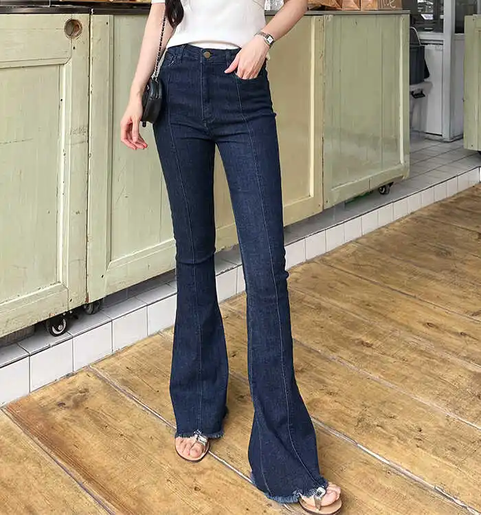 

Винтажные женские джинсы с высокой талией, эластичные, утягивающие, с широкими штанинами, с отворотами, длинные брюки, модные, повседневные, из денима, скинни